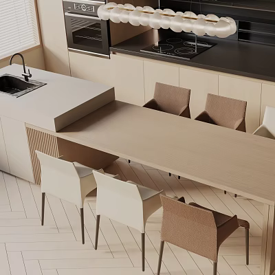 Modern Light Wood Dining Table Set With White And Brown Chairs In Open Kitchen Space 3d model