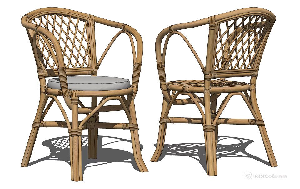 Rattan Leisure Chair With Woven Backrest Armrests Gray Cushion And Natural Comfortable Design 3d model 