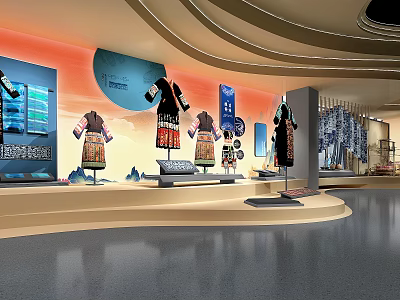 Traditional Ethnic Costumes Exhibition In Museum With Display Mannequins 3d model