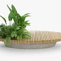Modern Outdoor Chair with Wooden Slats and Concrete Base Surrounded by Green Plants