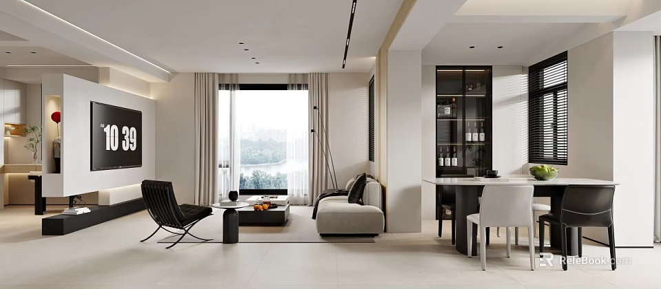 Bright Modern Living Dining Room Interior With Linen Sofa Dining Table And Scenic Window 3d model 