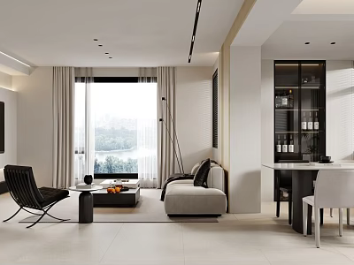 Bright Modern Living Dining Room Interior With Linen Sofa Dining Table And Scenic Window 3d model