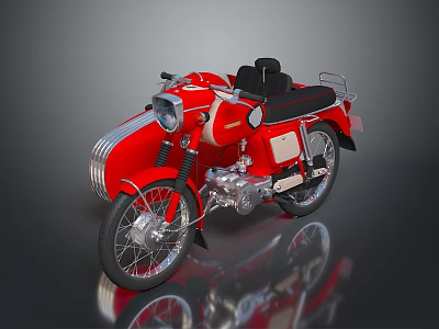 Red Vintage Motorcycle with Black Seat and Silver Engine Parts on Dark Background with Reflection 3d model