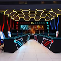 Modern Cyber Cafe Interior With Gaming Computers Comfortable Chairs And Blue Lighting 3d model
