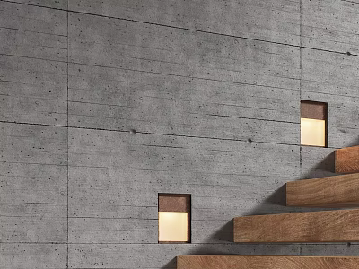 Modern Gray Concrete Wall With Wooden Stairs And Recessed Wall Lights Design 3d model