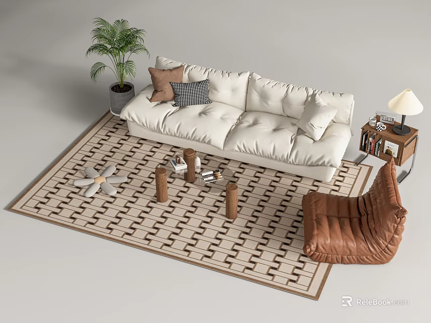 White Sofa Coffee Table Combination With Throw Pillows Bean Bag Chair Geometric Rug 3d model