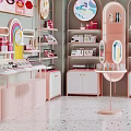 Lovely Pink Makeup Store with Cosmetic Displays Shelves and Mirror