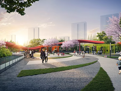 Scenic Urban Park Landscape With Walking Paths Red Structures And Cherry Blossoms 3d model
