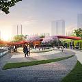 Scenic Urban Park Landscape With Walking Paths Red Structures And Cherry Blossoms