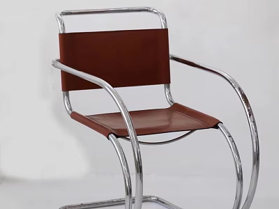 Stylish Leisure Chair With Curved Metal Frame And Brown Leather Seat Backrest 3d model