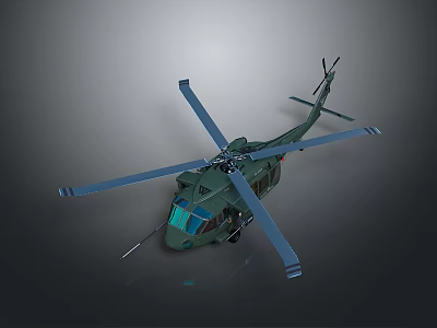 Green Military Helicopter With Blue Rotors And Detailed Fuselage Design 3d model