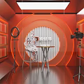 Modern Scene With Orange Circular Background Silver Figure Round Table And Chair
