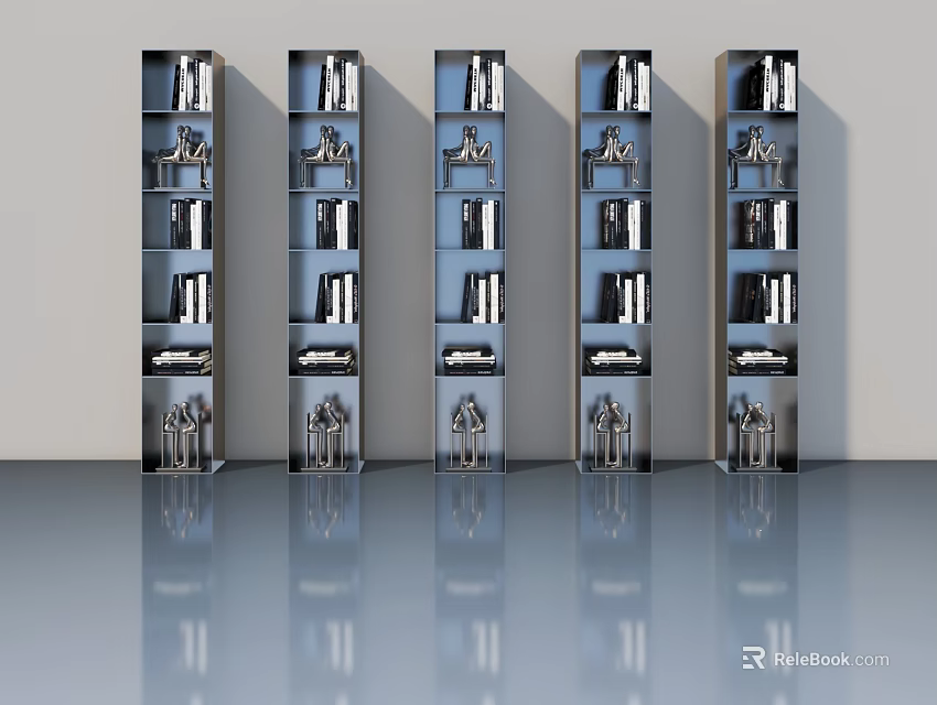 Tall Bookshelves With Multiple Shelves Books And Decorations On Smooth Floor With Light Walls 3d model 