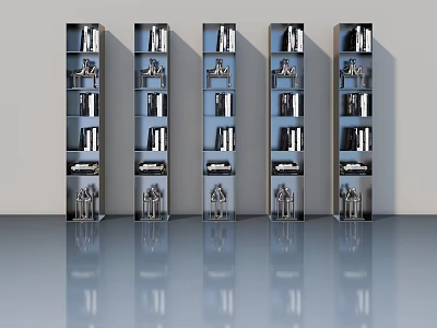 Tall Bookshelves With Multiple Shelves Books And Decorations On Smooth Floor With Light Walls 3d model
