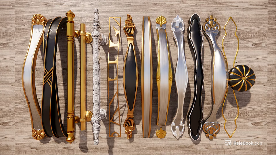 Various Decorative Door Handles with Modern and Vintage Designs in Metallic Tones 3d model 