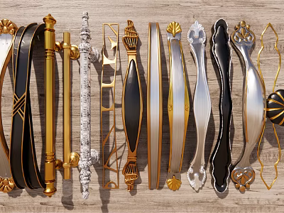 Various Decorative Door Handles with Modern and Vintage Designs in Metallic Tones 3d model
