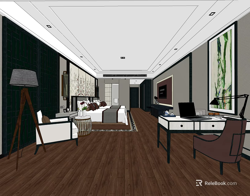 Hotel Guest Room Interior Design With Wooden Flooring Sofa Desk And Decorative Paintings 3d model 