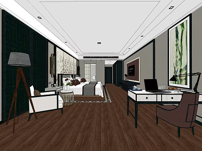 Hotel Guest Room Interior Design With Wooden Flooring Sofa Desk And Decorative Paintings 3d model