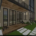 Modern Single Family House Exterior With Glass Windows Wooden Deck Stone Pathway And Green Plants