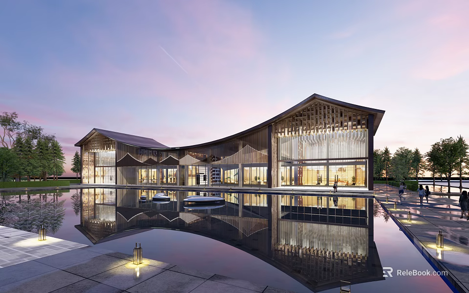 Modern Architectural Building With Curved Wooden Roof And Water Reflection In Evening Sky 3d model 