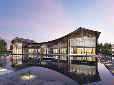 Modern Architectural Building With Curved Wooden Roof And Water Reflection In Evening Sky 3d model