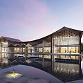 Modern Architectural Building With Curved Wooden Roof And Water Reflection In Evening Sky