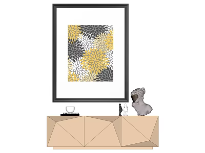 Framed Floral Art With Yellow Gray Pattern On Geometric Cabinet With Dog Figurine 3d model