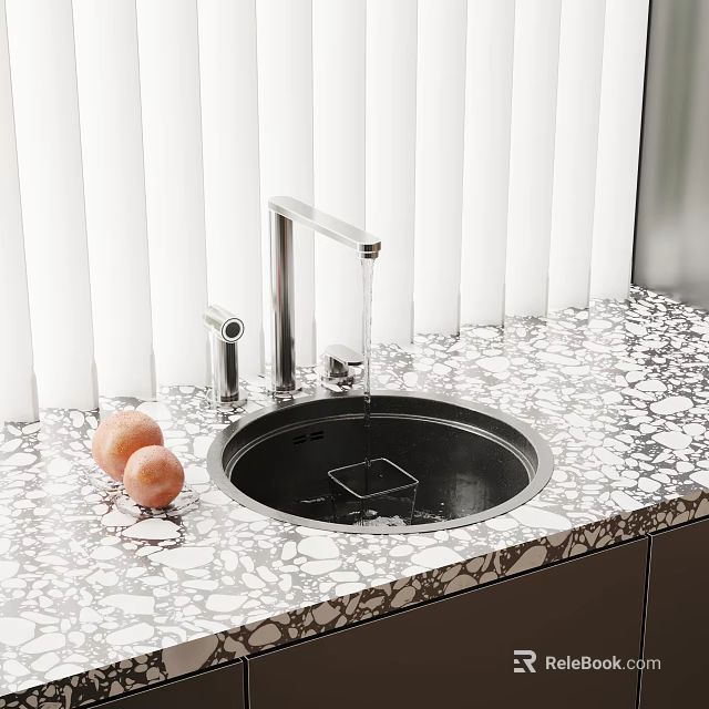 Stylish Kitchen Sink with Faucet Flowing Water Drainer Rack and Peaches on Speckled Countertop 3d model 