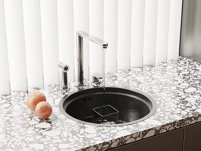 Stylish Kitchen Sink with Faucet Flowing Water Drainer Rack and Peaches on Speckled Countertop 3d model