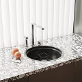 Stylish Kitchen Sink with Faucet Flowing Water Drainer Rack and Peaches on Speckled Countertop
