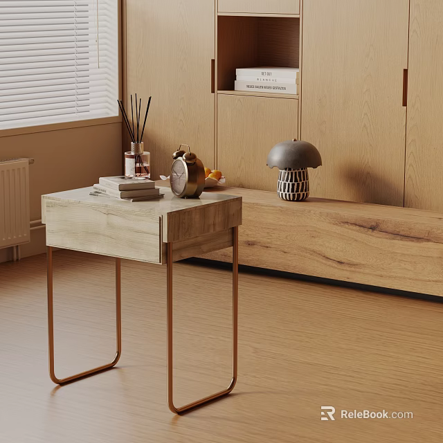 Modern Natural Wood Side Table With Brass Metal Legs And Decorative Books On Top 3d model 