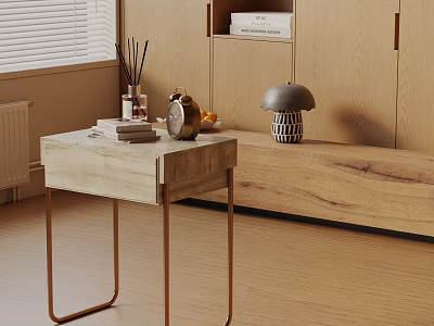 Modern Natural Wood Side Table With Brass Metal Legs And Decorative Books On Top 3d model