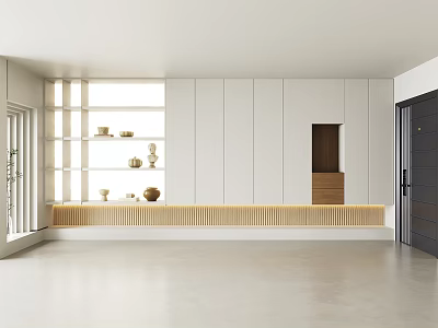 Minimalist Foyer With White Cabinets Display Shelves And Wood Accents 3d model