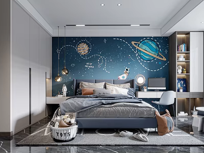 Starry Sky Themed Kids Room Interior With Astronaut Decor Bed And Study Desk 3d model