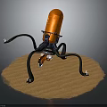 Orange Mechanical Robot With Octopus Like Tentacles Standing On Sandy Surface