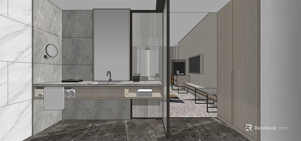 Modern Hotel Guest Room Interior With Washbasin Mirror TV Bed And Shower 3d model 