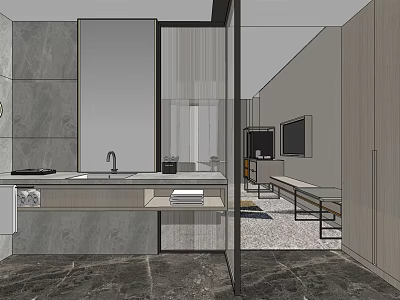 Modern Hotel Guest Room Interior With Washbasin Mirror TV Bed And Shower 3d model