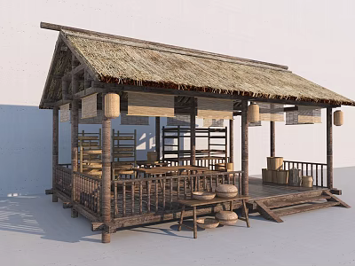 Rustic Thatched Cottage with Wooden Structure Railed Platform Hanging Lanterns and Clay Pots 3d model
