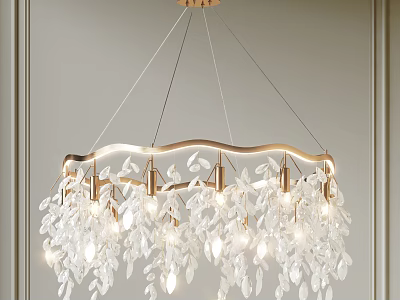 Elegant Gold Frame Chandelier With Leaf Shaped Crystal Decorations And Hanging Design 3d model