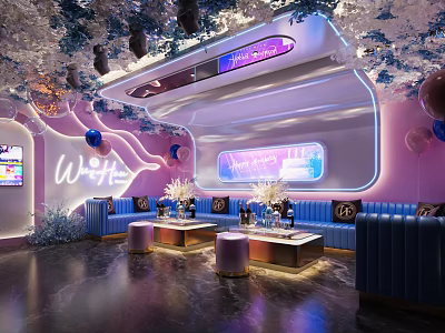 Modern KTV Interior Design With Neon Lights Blue Sofas And Decorations 3d model