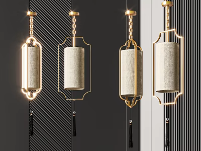 Modern Gold Frame Chandeliers with Cylindrical Fabric Shades and Black Tassels on Dark Textured Background 3d model