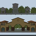 Elegant Entrance Gate Design Featuring White Tower Iron Fence Yellow Arched Doorway And Red Roof