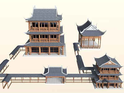 Ancient Architecture Featuring Tiered Buildings Pavilions Wooden Corridors and Curved Roofs 3d model