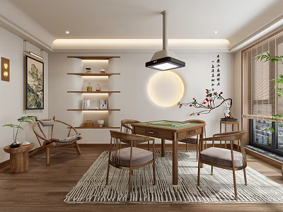 Elegant New Chinese Style Hotel Chess And Card Room Interior With Cozy Wooden Furniture 3d model