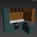 Modern Kitchen With Teal And Wooden Cabinets Marble Countertop Built-in Oven And Lighting