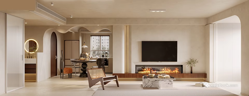 Modern Living and Dining Room Interior With TV Fireplace Sofa And Dining Table 3d model