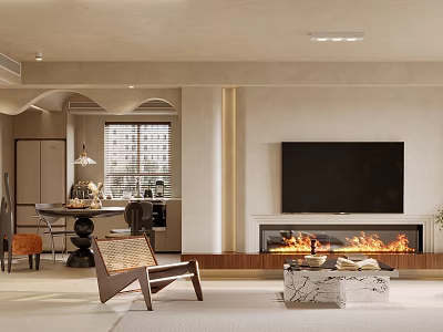Modern Living and Dining Room Interior With TV Fireplace Sofa And Dining Table 3d model