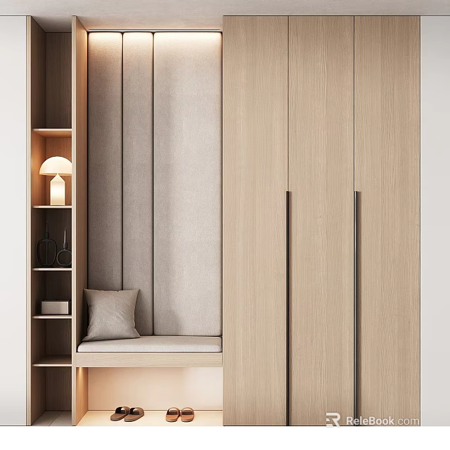 Light Wooden Entryway Cabinet And Side Cabinet With Storage Shelves And Cushioned Bench 3d model 