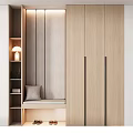 Light Wooden Entryway Cabinet And Side Cabinet With Storage Shelves And Cushioned Bench