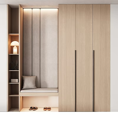 Light Wooden Entryway Cabinet And Side Cabinet With Storage Shelves And Cushioned Bench 3d model